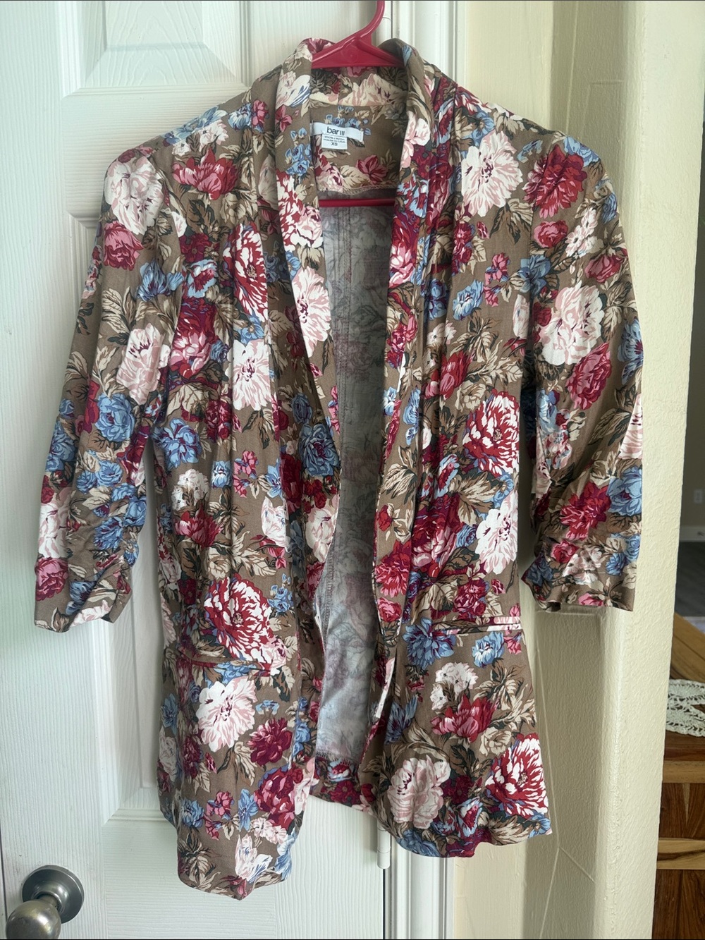 Bar III Taupe Floral Open-Front Kimono with Pink & Blue Blooms